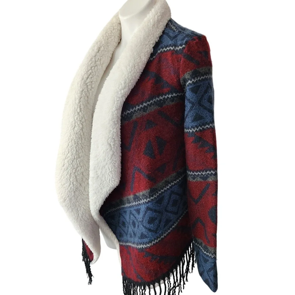 Hollister Aztec‎ Sherpa Fleece Open Front Cardigan Jacket blue/red Size Small